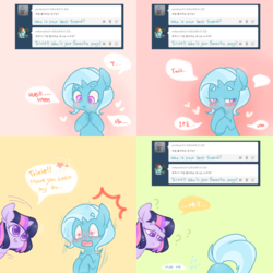 Size: 1600x1600 | Tagged: safe, artist:ask-little-trixie, trixie, twilight sparkle, pony, unicorn, g4, ask, comic, female, filly, korean, lesbian, ship:twixie, shipping, tumblr, younger