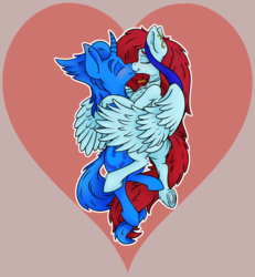 Size: 1954x2116 | Tagged: safe, artist:thexiiilightning, oc, oc only, pegasus, pony, unicorn, blushing, chest fluff, couple, ear piercing, earring, eyes closed, female, flying, heart, hug, jewelry, kissing, male, piercing, smiling, straight, underhoof, winghug, wings