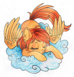 Size: 1022x1066 | Tagged: source needed, safe, artist:red-watercolor, oc, oc only, oc:firetale, pegasus, pony, cloud, cute, female, mare, simple background, sleeping, solo, traditional art, watercolor painting, white background, wings