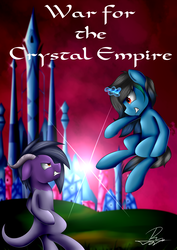 Size: 2480x3508 | Tagged: safe, artist:supermoix, oc, crystal empire, epic, fanfic, fanfic art, fanfic cover, fight, glowing horn, high res, horn, magic, male, stallion, war