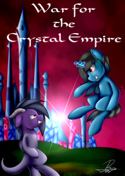 Size: 2480x3508 | Tagged: safe, artist:supermoix, oc, fanfic:war for the crystal empire, crystal empire, epic, fanfic, fanfic art, fanfic cover, fight, glowing horn, high res, horn, magic, male, stallion, war