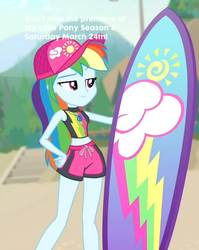 Size: 569x715 | Tagged: safe, screencap, rainbow dash, blue crushed, equestria girls, g4, my little pony equestria girls: better together, clothes, cropped, cute, dashabetes, geode of super speed, magical geodes, rainbow dash's beach shorts swimsuit, solo, surfboard, swimsuit