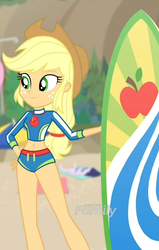 Size: 459x720 | Tagged: safe, screencap, applejack, blue crushed, equestria girls, g4, my little pony equestria girls: better together, clothes, cropped, curvy, cute, female, geode of super strength, jackabetes, solo, surfboard, swimsuit