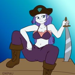 Size: 1000x1000 | Tagged: safe, artist:empyu, rarity, equestria girls, g4, 45 minute art challenge, belly button, boots, clothes, female, hat, midriff, pants, pirate, pirate hat, sitting, solo, sword, weapon