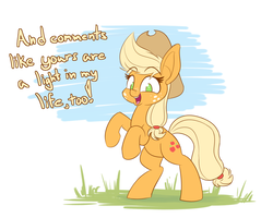 Size: 1500x1200 | Tagged: safe, artist:heir-of-rick, applejack, earth pony, pony, g4, cowboy hat, cute, description is relevant, dialogue, female, hat, heartwarming, jackabetes, mare, rearing, smiling, solo, sweet dreams fuel, talking to viewer