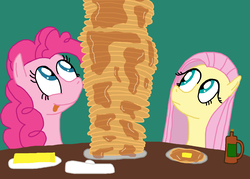 Size: 3096x2214 | Tagged: safe, artist:sb1991, fluttershy, pinkie pie, earth pony, pegasus, pony, g4, challenge, equestria amino, food, high res, looking up, pancakes, stack, syrup