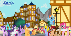 Size: 4563x2352 | Tagged: safe, artist:dashiemlpfim, artist:orin331, artist:trungtranhaitrung, artist:wubcakeva, apple bloom, applejack, flash sentry, fluttershy, pinkie pie, rainbow dash, rarity, starlight glimmer, twilight sparkle, oc, oc:cupcake slash, alicorn, earth pony, pegasus, pony, unicorn, g4, apple, female, food, hayburg, male, mane six, ship:flashlight, shipping, straight, twilight sparkle (alicorn), village