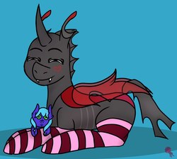 Size: 1485x1330 | Tagged: safe, artist:cottonbreeze, oc, oc only, oc:cloudy, oc:rummy, changeling, changeling oc, clothes, cute, doll, happy, heart, plushie, red changeling, smiling, socks, striped socks, toy