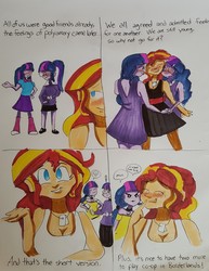 Size: 1280x1659 | Tagged: safe, artist:missmayaleanne, sci-twi, sunset shimmer, twilight sparkle, equestria girls, g4, >:3, alternate clothes, alternate hairstyle, blushing, clothes, cute, dancing, dress, eyes closed, female, lesbian, polyamory, ship:sci-twishimmer, ship:sci-twitwi, ship:sunset twiangle, ship:sunsetsparkle, ship:twitwi, shipping, traditional art, trans female, transgender, twiabetes, twolight