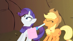 Size: 1280x720 | Tagged: safe, screencap, applejack, rarity, pony, g4, over a barrel, season 1, animated, animation error, female, gently please, misleading thumbnail, not what it looks like, out of context, puffy cheeks, saddle bag, sound, talking, webm, wide eyes