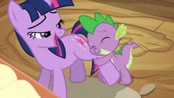 Size: 1920x1080 | Tagged: safe, screencap, spike, twilight sparkle, dragon, pony, unicorn, g4, spike at your service, animated, awww, cute, cutie mark, female, golden oaks library, hug, laughing, leg hug, male, mare, sound, spikabetes, webm
