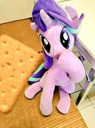 Size: 767x1024 | Tagged: safe, artist:nekokevin, starlight glimmer, pony, unicorn, series:nekokevin's glimmy, g4, carpet, cookie, cute, eyes on the prize, female, food, glimmerbetes, glimmerposting, irl, looking up, mare, meme, photo, plushie, raised hoof, sitting, table, waifu dinner