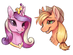 Size: 1364x1038 | Tagged: safe, artist:arkay9, applejack, princess cadance, alicorn, earth pony, pony, g4, bust, chest fluff, duo, hoers, portrait, smiling