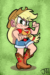 Size: 1470x2205 | Tagged: safe, artist:joeywaggoner, applejack, human, g4, applejack's hat, boots, breasts, busty applejack, cleavage, clothes, cowboy hat, female, front knot midriff, hat, humanized, midriff, shirt, shoes, shorts, solo