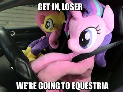 Size: 1199x899 | Tagged: safe, artist:nekokevin, edit, fluttershy, starlight glimmer, pegasus, pony, unicorn, series:nekokevin's glimmy, g4, bronybait, car, car interior, clothes, cute, driving, duo, female, get in loser, glimmerbetes, image macro, irl, life size, loser, mare, mean girls, meme, photo, plushie, seatbelt, shyabetes, sitting, smiling, steering wheel, sweater, sweatershy
