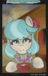 Size: 973x1525 | Tagged: safe, artist:nignogs, coco pommel, oc, oc:anon, earth pony, human, pony, g4, /mlp/, bandits, canon x oc, cocobetes, cute, date, heart, looking at you, misleading thumbnail, protecting, reversed gender roles equestria, reversed gender roles equestria general, smiling