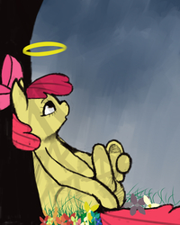 Size: 1200x1500 | Tagged: safe, artist:voloutfelixsit, apple bloom, angel, earth pony, pony, g4, colored, colored pupils, death, female, filly, flower, halo, mare, nature, simple background, solo, tree, tree branch
