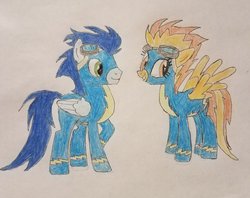 Size: 1024x809 | Tagged: safe, artist:amaryllisg, soarin', spitfire, pony, g4, clothes, duo, traditional art, uniform, wonderbolts uniform