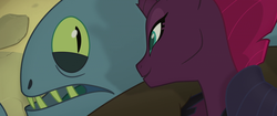 Size: 1920x804 | Tagged: safe, screencap, mori, tempest shadow, fish, fishman, pony, unicorn, anthro, g4, my little pony: the movie, anthro with ponies, armor, broken horn, defeated, horn, interrogation, klugetown, out of context, questioning, scared, surprised