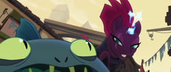 Size: 1920x804 | Tagged: safe, screencap, mori, tempest shadow, fish, fishman, pony, unicorn, anthro, g4, my little pony: the movie, anthro with ponies, broken horn, horn, interrogation, klugetown, lidded eyes, out of context, questioning, rapeface, scared, smiling, sparking horn, sparks, you know for kids