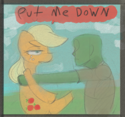 Size: 553x518 | Tagged: safe, artist:nignogs, applejack, oc, oc:anon, pony, g4, holding a pony, this will end in angry countryisms, this will end in pain and/or angry countryisms, unamused