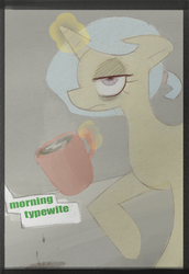 Size: 551x802 | Tagged: safe, artist:nignogs, oc, oc only, bags under eyes, coffee, levitation, magic, offscreen character, solo, spilled drink, telekinesis, unamused