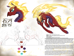 Size: 2000x1514 | Tagged: safe, artist:testostepone, oc, oc only, oc:shi he, longma, them's fightin' herds, chinese, community related, female, mane of fire, mlem, reference sheet, silly, solo, text, tfh oc, tongue out