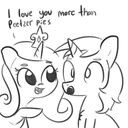 Size: 3000x3000 | Tagged: safe, artist:tjpones, princess cadance, shining armor, alicorn, pony, unicorn, g4, :o, chest fluff, cute, dialogue, female, food, grayscale, high res, husband and wife, male, mare, monochrome, open mouth, peetzer, pizza, pointing, raised hoof, ship:shiningcadance, shipping, simple background, sitting, sketch, smiling, stallion, straight, true love, white background, wide eyes
