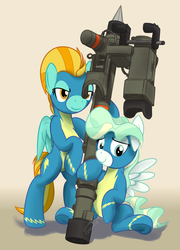 Size: 921x1280 | Tagged: safe, artist:buckweiser, lightning dust, vapor trail, pegasus, pony, g4, bipedal, clothes, commission, duo, female, hoof hold, mare, missile, mistral(manpads), rocket launcher, surface to air missile, uniform, weapon, wonderbolts uniform