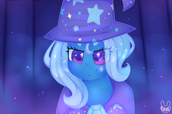 Size: 3000x1987 | Tagged: safe, artist:bunxl, trixie, pony, unicorn, g4, cape, clothes, female, hat, heart, heart eyes, looking at you, mare, solo, starry eyes, trixie's cape, trixie's hat, wingding eyes