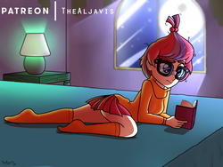 Size: 1000x750 | Tagged: safe, artist:thealjavis, moondancer, equestria girls, g4, bed, book, clothes, cosplay, costume, cute, equestria girls-ified, female, glasses, pleated skirt, scooby-doo!, skirt, socks, solo, sweater, velma dinkley
