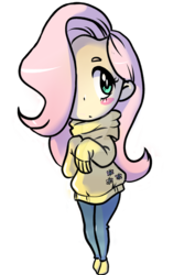 Size: 1024x1448 | Tagged: safe, artist:laceysdraws, fluttershy, human, g4, blush sticker, blushing, chibi, clothes, cutie mark on clothes, female, hair over one eye, humanized, long sleeves, looking away, looking sideways, simple background, solo, sweater, sweatershy, transparent background, turtleneck, watermark