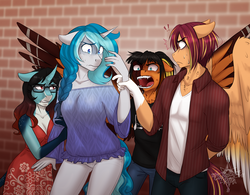 Size: 3823x2987 | Tagged: safe, artist:askbubblelee, oc, oc only, oc:annie belle, oc:bubble lee, oc:daniel dasher, oc:sunstreak quartz, dracony, hybrid, pegasus, unicorn, anthro, annieak, anthro oc, clothes, fangs, female, floppy ears, freckles, glasses, high res, male, mare, off shoulder, open mouth, pants, shirt, stallion, story in the source, story included, uneasy