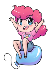 Size: 1024x1448 | Tagged: safe, artist:laceysdraws, pinkie pie, human, g4, balloon, balloon riding, blush sticker, blushing, chibi, clothes, cute, diapinkes, female, giant head, hands up, humanized, looking at you, open mouth, shorts, simple background, sitting, smiling, solo, transparent background, watermark