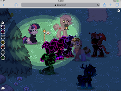 Size: 2048x1536 | Tagged: safe, twilight sparkle, oc, oc:aaaaaaaaaaaaaaaaaaaaa, pony, pony town, g4, bisexual, blue, bork, cult, doggo, game screencap, green, group photo, kill me, meme, necc, party, pink, pixel art, red, species: galaxhat, thick neck, wat, why did i do this