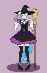 Size: 1000x1550 | Tagged: safe, artist:linedraweer, oc, oc only, oc:wy, anthro, plantigrade anthro, anthro oc, broom, commission, crossdressing, femboy, hat, male, pentagram, solo, witch, witch hat