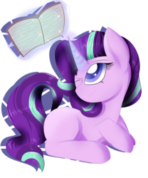 Size: 1000x1200 | Tagged: safe, artist:supera14ever, starlight glimmer, pony, unicorn, g4, book, cute, female, glimmerbetes, glowing horn, horn, missing cutie mark, one eye closed, sitting, solo, starlight glimmer day, wink