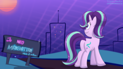 Size: 2560x1440 | Tagged: safe, artist:rupert, starlight glimmer, pony, unicorn, g4, city, female, looking back, neon, smiling, solo, starlight glimmer day