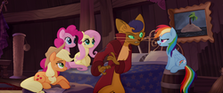 Size: 1920x804 | Tagged: safe, screencap, applejack, capper dapperpaws, fluttershy, pinkie pie, rainbow dash, abyssinian, earth pony, pegasus, pony, anthro, g4, my little pony: the movie, anthro with ponies, ball, bed, chest fluff, clothes, coat, painting, scratching post, sitting, yarn