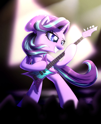 Size: 1626x1988 | Tagged: safe, artist:zolfyyy, starlight glimmer, pony, unicorn, g4, bass guitar, beanie, bipedal, electric guitar, female, guitar, guitar solo, hat, mare, musical instrument, smiling, solo, stage, starlight glimmer day