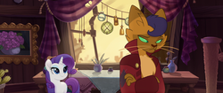 Size: 1920x804 | Tagged: safe, screencap, capper dapperpaws, rarity, abyssinian, pony, unicorn, anthro, g4, my little pony: the movie, anthro with ponies, ball, bottle, cactus, catnip, chest fluff, clothes, coat, conscience, crossed arms, curtains, duo, female, flower, glass, guilty, klugetown, male, mare, painting, quill, quill pen, sad, scratching post, smiling, table, windmill, window, yarn