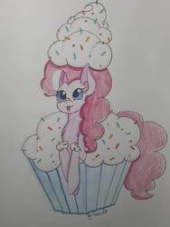 Size: 768x1024 | Tagged: safe, artist:sosochi, pinkie pie, earth pony, pony, g4, cupcake, female, food, micro, solo, tongue out, traditional art