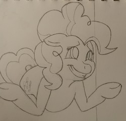 Size: 2281x2192 | Tagged: safe, artist:frostfauna, pinkie pie, earth pony, pony, g4, female, high res, monochrome, shrug, sketch, solo, traditional art