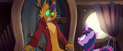 Size: 1920x804 | Tagged: safe, screencap, capper dapperpaws, twilight sparkle, abyssinian, alicorn, pony, anthro, g4, my little pony: the movie, angry, anthro with ponies, chest fluff, clothes, coat, curtains, door, faic, furious, gritted teeth, scared, shrunken pupils, surprised, twilight sparkle (alicorn), wide eyes, window