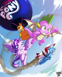 Size: 800x1000 | Tagged: safe, artist:danmakuman, spike, starlight glimmer, sunset shimmer, trixie, alicorn, dragon, pony, unicorn, g4, molt down, alicornified, eyes closed, female, flying, hot air balloon, male, mare, my little pony logo, race swap, rocket, signature, sky, smiling, spoiler, starlicorn, toy interpretation, trixie's rocket, winged spike, wings