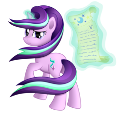 Size: 2568x2412 | Tagged: safe, artist:mirrorcrescent, starlight glimmer, pony, unicorn, g4, female, glowing horn, high res, horn, levitation, magic, scroll, simple background, solo, starlight glimmer day, telekinesis, transparent background