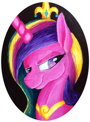 Size: 1024x1385 | Tagged: safe, artist:colorsceempainting, queen chrysalis, changeling, a canterlot wedding, g4, bust, canvas, changing, crown, jewelry, painting, peytral, portrait, regalia, solo, traditional art, transformation, watermark