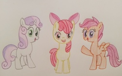 Size: 3120x1941 | Tagged: safe, artist:prinrue, apple bloom, scootaloo, sweetie belle, g4, cutie mark crusaders, open mouth, raised hoof, traditional art