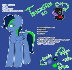 Size: 1780x1720 | Tagged: safe, artist:frizzyfrizzarts, oc, oc:trickster, pegasus, pony, cutie mark, hat, reference sheet, smiling, top hat