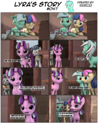 Size: 3929x4903 | Tagged: safe, artist:goatcanon, bon bon, lyra heartstrings, party favor, starlight glimmer, sweetie drops, comic:lyra's story, g4, 3d, blushing, equal cutie mark, grin, holding hooves, implied lesbian, implied lyrabon, implied shipping, our town, sleeping, smiling, starlight's village
